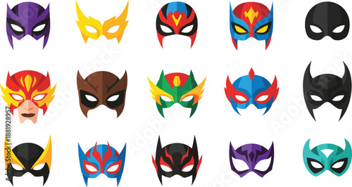Colorful superhero mask icon collection featuring diverse comic-style face disguises for hero characters, games, branding, and fantasy design projects