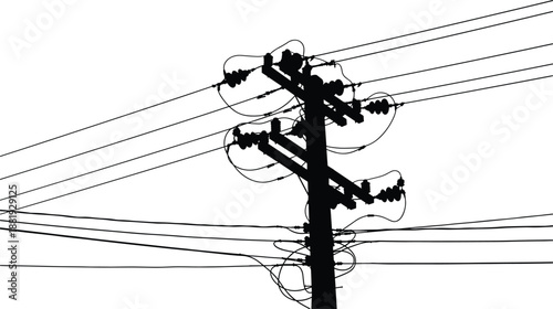 Black and white of a utility pole with multiple power lines and electrical components
