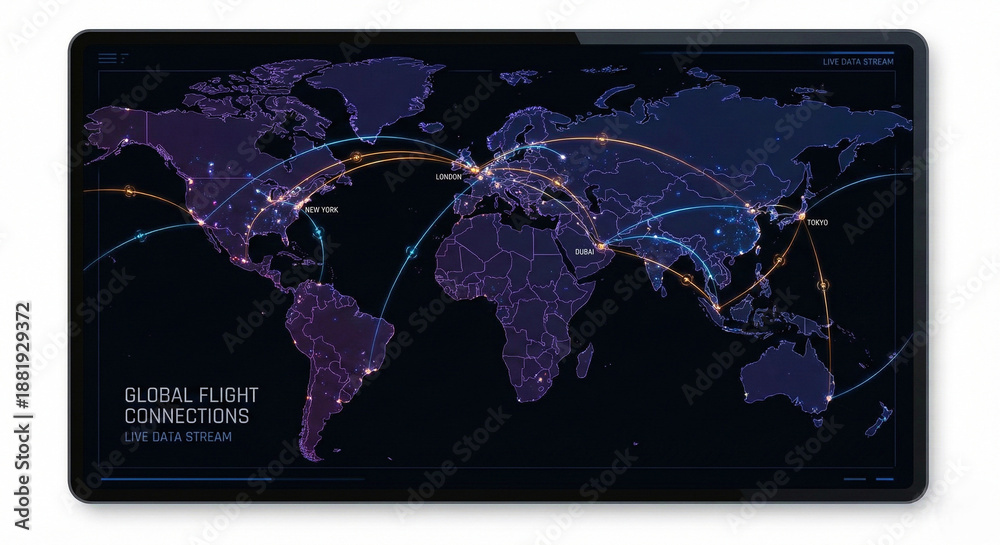 Obraz premium Digital Global Flight Connections Map on Tablet Screen