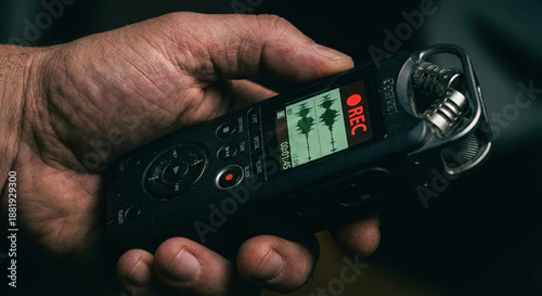 Schilderij op canvas Hand Holding Digital Voice Recorder Recording Audio
