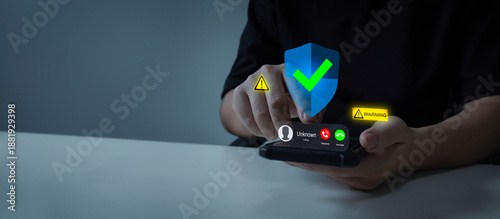 customer people holding mobile phone receiving incoming call from scammer with warning sign, call center gang, hacker, cybersecurity, telecommunication, fraud or phishing with smartphone concept