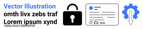 Cybersecurity, data privacy, digital identity, user interface, app security, settings configuration. Black lock, ID card with engagement gear icon. Cybersecurity and data privacy concept