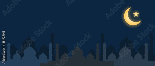 Islamic Ramadan Crescent Moon Mosque Silhouette Vector Illustration
