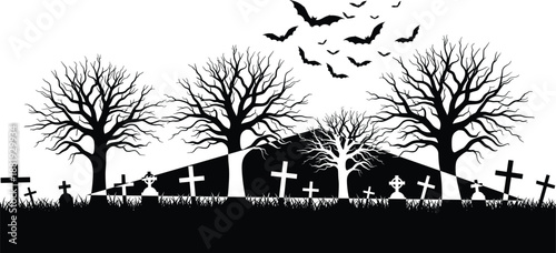 Silhouette of bare trees and gravestones in a cemetery with flying bats