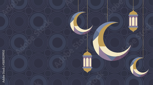Ramadan moon and lanterns vector background with geometric patterns