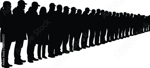 Silhouettes of people standing in a long line against a white background crowd black