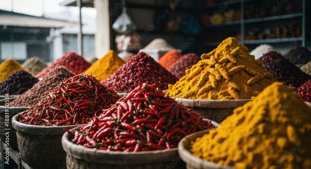 Fototapeta premium Colorful spices piled high in baskets