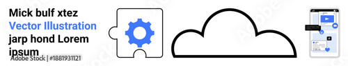 Data storage, digital innovation, cloud services, internet technology, software integration, and user interfaces. Gear puzzle piece, cloud icon and digital interface. Cloud services and data storage