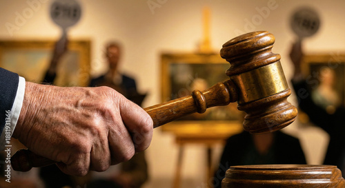 Tableau sur toile Auctioneer Hand Holding Wooden Gavel at Art Bidding Event