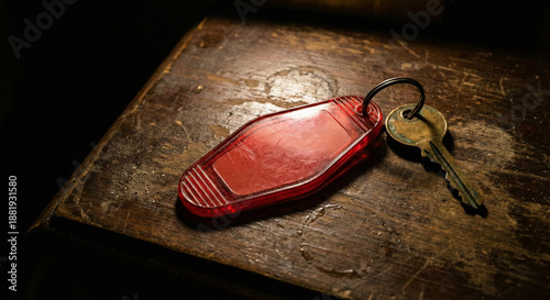 Photos Old Red Plastic Hotel Key Tag on Scratched Wood Table