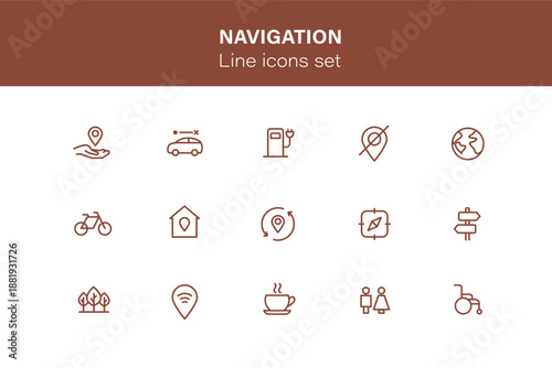 Navigation outline icon set with thin line location icons for report, presentation, diagram, web design. UI navigation and transportation system icons collection. Editable Stroke.