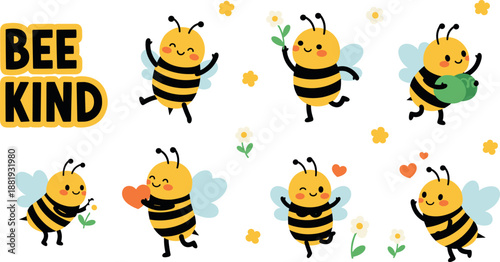 Bee vector illustration with cute characters and bee kind text on white background