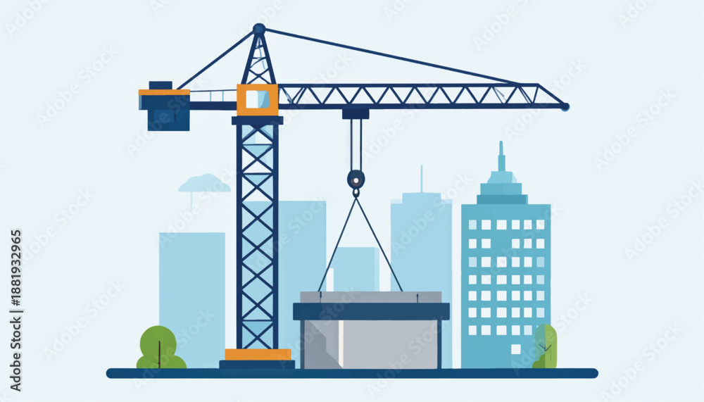 Fototapeta premium Construction Crane Lifting Building Block Cityscape