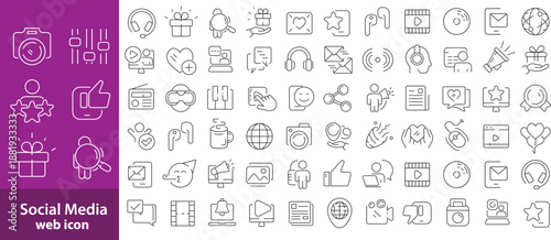 Social Media icon set. Editable line icons. Vector illustration.