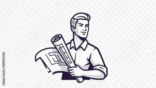 Builder holding blueprint and hammer