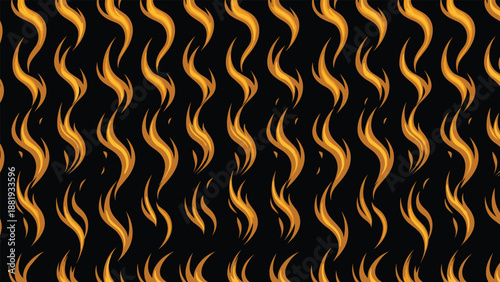 Seamless pattern featuring stylized golden fire flames on a dark black background for a dramatic and energetic visual effect.