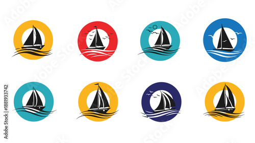 Collection of circular sailboat logos and icons with sun and wave elements in various bright and bold color schemes.