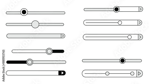 Collection of various user interface sliders and progress bars in gray, black, and white for website and app development.