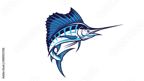 Dynamic and detailed illustration of a blue sailfish jumping energetically out of the water against a clean white background.