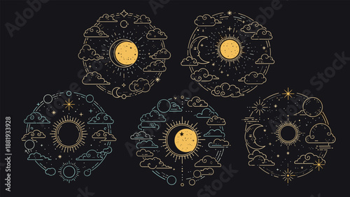 Five circular diagrams featuring sun, moon, clouds, and stars in a mystical celestial style on a dark background.