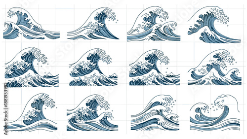 Twelve distinct ocean wave patterns in a traditional woodcut or Japanese ukiyo-e style for marine and water themed designs.