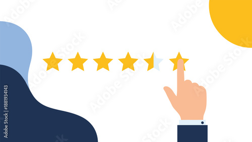 User hand selecting a five star rating on a clean background for customer feedback service review and quality assessment concepts.