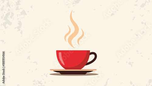 Simple illustration of a red coffee cup on a saucer with rising steam over a textured cream background for cafe and morning routines.