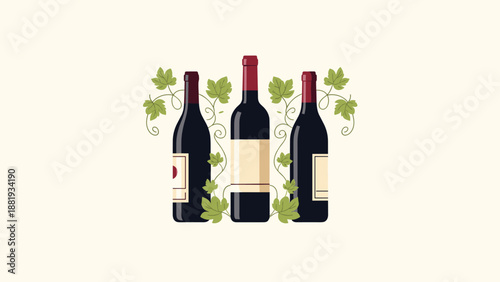 Group of three wine bottles surrounded by delicate vine leaves on a light background for vineyard and wine tasting event concepts.