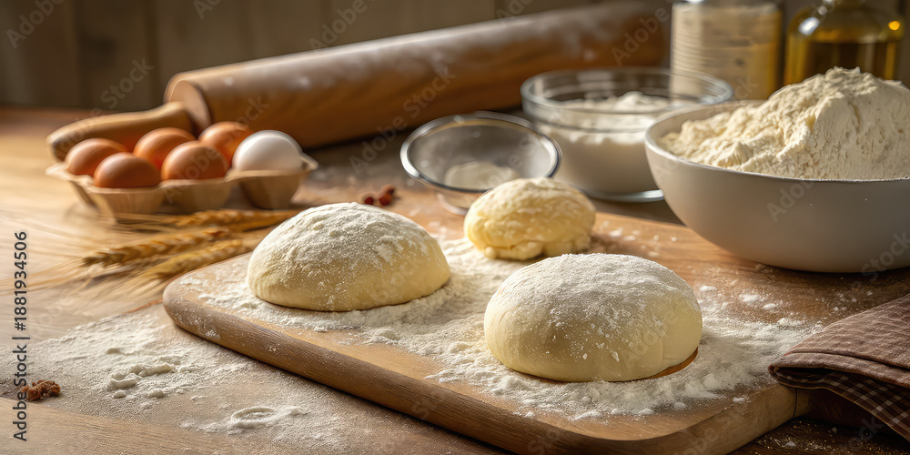 Fototapeta premium Close-up baking process, flour texture visible, warm kitchen light