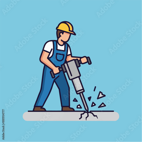 Man in overalls using jackhammer tool.