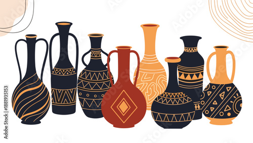 Array of ancient Greek style ceramic vases and pottery decorated with traditional geometric patterns in terracotta, black, and tan.