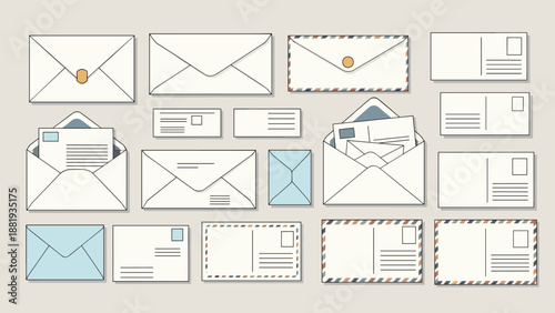 Comprehensive collection of various white and light blue envelopes and postcards in multiple sizes including some containing written letters.