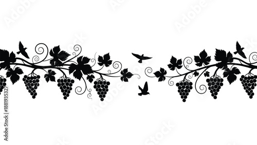 Ornate horizontal border silhouette featuring detailed grapevines, clusters of grapes, leaves, curling tendrils, and several birds in flight.