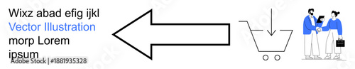 E-commerce, online shopping, transactions, marketing, consumer behavior, digital retail. A large arrow points to a shopping cart graphic and two people. E-commerce and online shopping concept