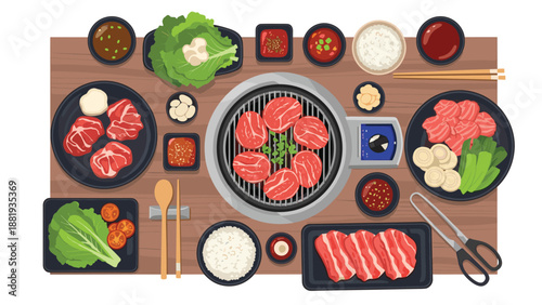 Overhead view of a rich korean barbecue spread with marinated meat, bowls of rice, dipping sauces, and lettuce leaves around a central grill.