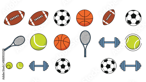 Comprehensive collection of various sports equipment including balls for football, basketball, tennis, and weightlifting dumbbells.