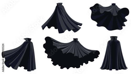 Selection of various flowing black cape or cloak silhouettes shown in different poses and movements on white background.