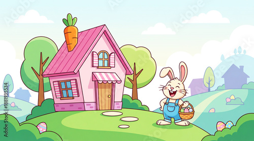 Easter landscape with pastel pink color house