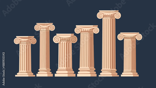Row of classical Greek or Roman architectural columns in various heights against dark blue background for heritage.