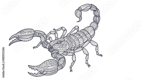 Intricate hand drawn illustration of scorpion with detailed patterns and textures on its exoskeleton on white space.