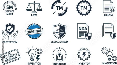 Intellectual Property and Legal Icons Collection Keywords: intellectual property, trademark, service mark, license, protection