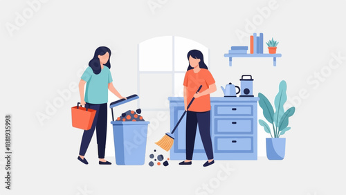 Two people cleaning a room, one sweeping and the other putting items in a bin