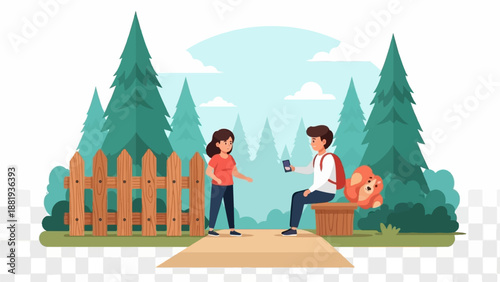 Two people interacting near a wooden fence in a forest setting