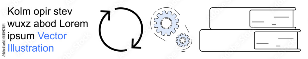 Fototapeta premium Workflow processes, learning, education, automation, knowledge sharing, data organization. Circular arrows, gears and stacked books interconnected systems. Education and workflow processes concept