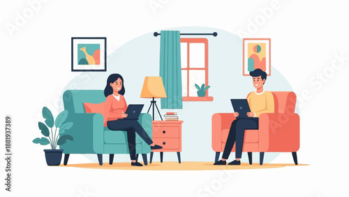 Two people relax on couches using laptops in a cozy living room