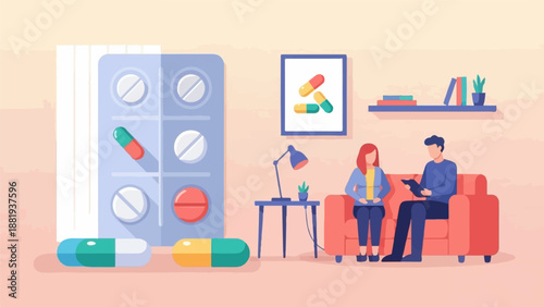 Two people discuss pills in a room with medical supplies and decor