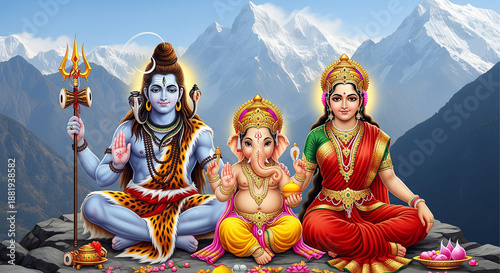 Lord Shiva, Parvati, and Ganesha on Mount Kailash – Divine Family Portrait | Ganesh Wallpaper HD, Mobile Background, Spiritual Art