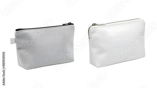 Two zippered cosmetic bags, one light grey, the other pure white, displayed against a stark black background. Simple, minimalist design