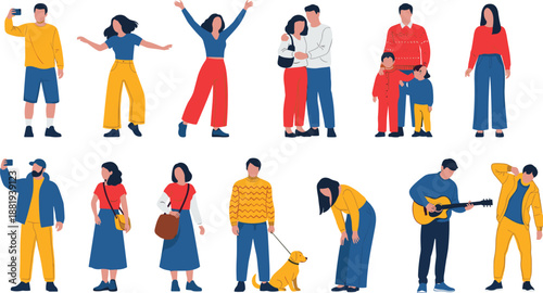 Colorful flat design illustration of twelve diverse people in casual activities, showcasing fashion, leisure, social interaction, community, and lifestyle diversity