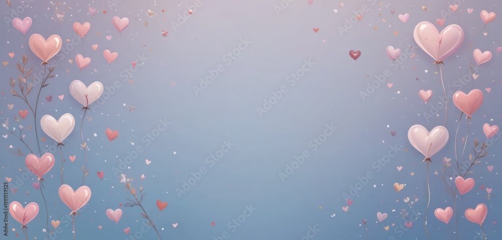 Fototapeta premium Pink and white heart shaped balloons gracefully float on a soft blue lavender background Small hearts and delicate